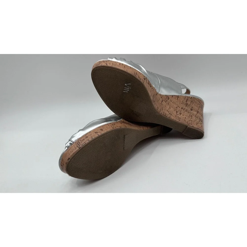Apt. 9 Womens Silver Metallic Peep Toe Cork Wedge Slingback Sandals Size 9